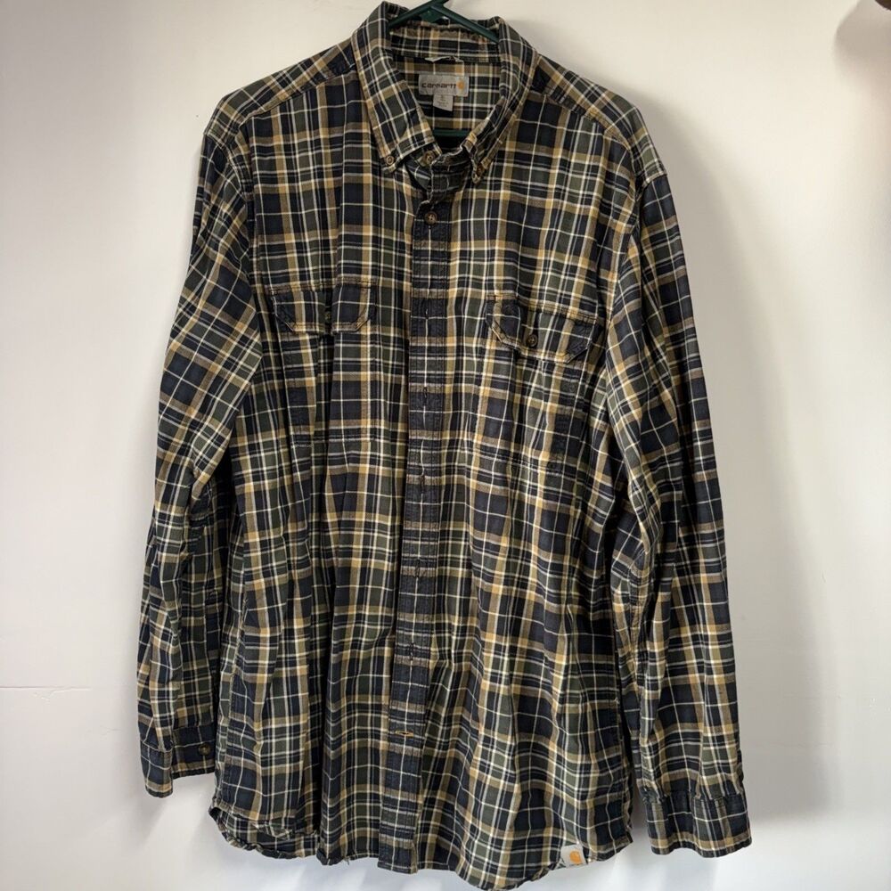 Carhartt Blue Green Brown Plaid Button Down Shirt XL Tall Relaxed Fit